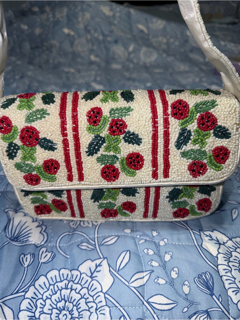 Rachel Zoe Cream Beaded Mini Bag with Red Floral Embroidery